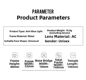 Detailed size chart for blue light blocking metal glasses frame with 18.9g net weight