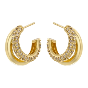 Detail view of double hoop gold earrings with shimmering pavé cubic zirconia inlay