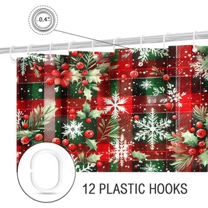 Detail view of Christmas shower curtain with metal eyelets and 12 plastic hooks included
