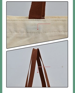 Close-up of durable reinforced stitching and thick brown woven straps on a canvas tote bag
