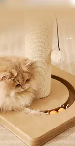 Detailed view of sisal cat scratching post with wooden base track and rolling toy balls