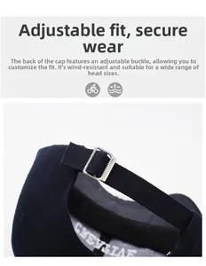 Detail of adjustable silver metal buckle and strap on navy blue cotton baseball cap