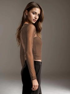 Detailed view of sheer mesh stitching and translucent texture on a brown long sleeve top