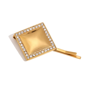 Pince à cheveux carrée minimaliste en acier inoxydable doré 18K avec strass brillants
