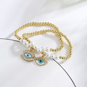 Evil Eye Beaded Bracelet Copper Gold Plated Imitation Artificial Pearl Zircon Enamel Bohemian Ins Style Women Jewelry