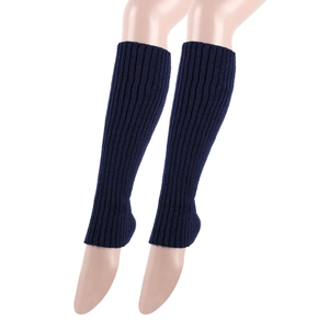 Detailed texture of navy blue ribbed knit leg warmers for women's winter fashion wear
