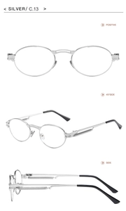 Three angles of silver steampunk oval sunglasses featuring unique spring temple details