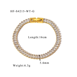 Detail of 18K gold stainless steel tennis bracelet showing 16cm length and 5.6mm width