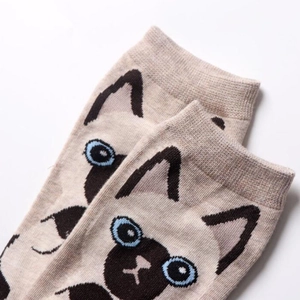 Japanese style beige cotton socks featuring cute Siamese cat patterns for women
