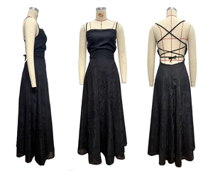 Detailed three-view layout of a black floral jacquard maxi dress with cross back straps