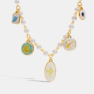 18K Gold Plated Stainless Steel Double Layer Necklace With Faux Artificial Pearl And Space Planet Enamel Pendants For Women