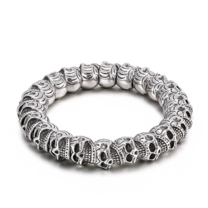 Vintage punk skull bracelet in retro distressed silver steel for men's street style