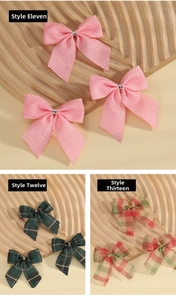 Detailed macro view of festive checkered bows in pink, dark green, and red-green patterns
