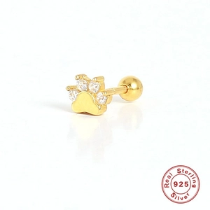 Golden S925 sterling silver dog paw stud earring with sparkling cubic zirconia crystals