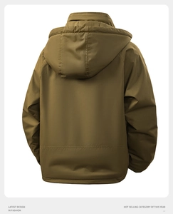 Rear view of a men's hooded windbreaker jacket in olive green with water-resistant fabric