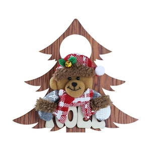 Christmas Santa Claus wood wall hanging ornament with red plaid scarf and NOEL text