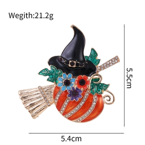 Halloween witch on broomstick brooch with pumpkin and crystals in colorful enamel finish