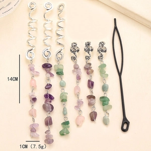 DIY silver dreadlock spiral charm with natural crystals and hair tool 14cm length