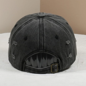 Back view of washed dark grey denim baseball cap with distressed details and metal buckle
