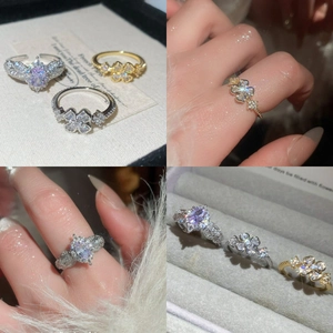 Elegant Zircon Flower Adjustable Ring For Women Copper Light Luxury Dainty Purple Oval Stone Jewelry