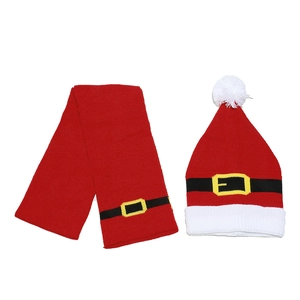 Christmas knit set including a red Santa hat and matching scarf with belt buckle motifs