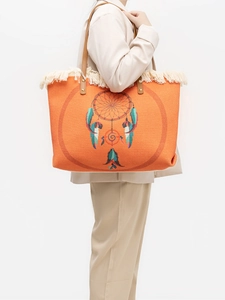 Bohemian orange canvas tote bag with dreamcatcher print and fringe tassels