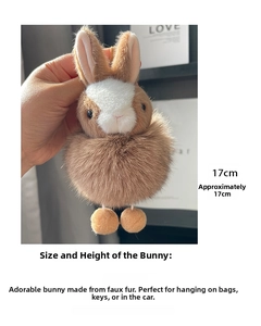 Detail showing 17cm plush rabbit keychain made of genuine brown and white fox fur