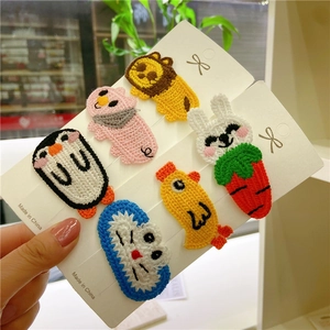 Set of 6 colorful knitted animal hair clips for girls including lion and rabbit designs