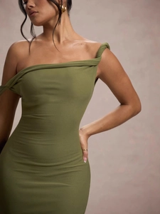 Robe moulante élégante vert olive à une épaule avec détail torsadé pour femmes