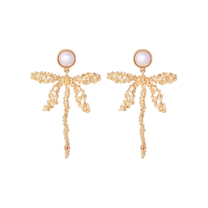 Golden dragonfly drop earrings with white pearls in a vintage insect design for women