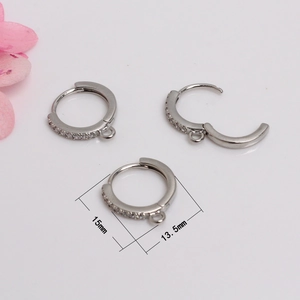 Detailed view of 15mm silver earring hooks with cubic zirconia and hanging loop