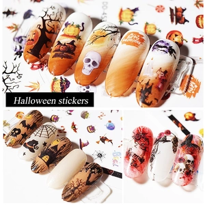 Halloween nail art stickers featuring pumpkins, skulls, and spider webs design DD-453