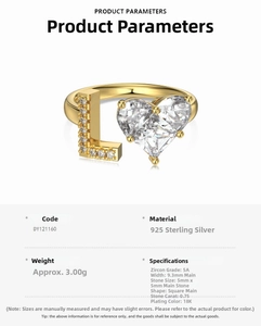 Macro detail of S925 sterling silver heart ring with zircon L letter in 18K gold finish