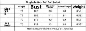 Detailed size chart for single-button soft blazer including length and chest measurements