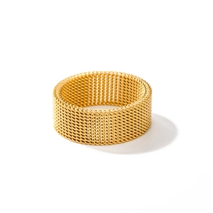 Minimalist 18K gold stainless steel 8mm wide mesh ring on a white background
