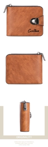 Three-sided view of vintage brown men's wallet with L-shaped zipper and metal buckle detail