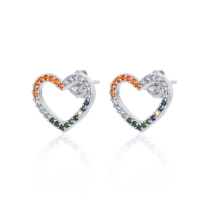 Minimalist silver heart earrings with colorful zircon stones in a symmetrical pair design