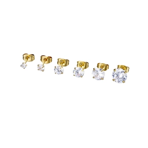 Set of six titanium steel gold stud earrings with round cubic zirconia in varied sizes