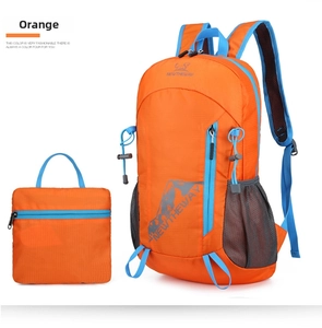 Foldable orange outdoor backpack with blue zippers showing storage and expanded states