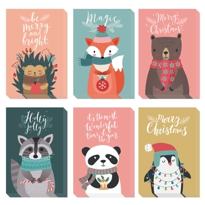 Set of 6 cute animal Christmas cards with envelopes featuring hedgehog and fox illustrations