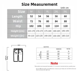 Size guide for men's cargo shorts set including measurements for waist and length