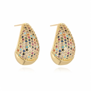 Elegant gold teardrop earrings with colorful zircon stones in a symmetrical studio shot