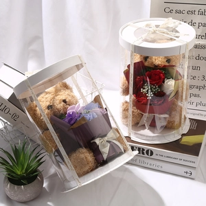 Teddy bear plush with soap flower bouquets in transparent gift boxes for Valentine's Day