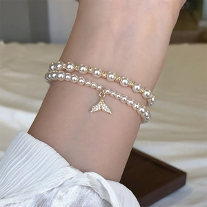 Layered Artificial Pearl Bracelet With Gold Fishtail Pendant Zircon Inlaid Alloy Elegant Jewelry For Women