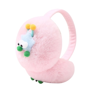 Pink plush earmuffs for kids with cute cartoon monster and star detail on white background