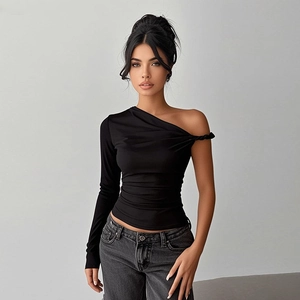 Women One Shoulder Asymmetric T-Shirt Ruched Twist Oblique Neck Long Sleeve Slim Fit Sexy Streetwear Polyester Spandex