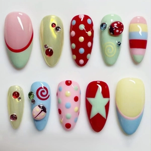 24Pcs Cute Ladybug Polka Dot Press On Nails French Dopamine Style ABS Artificial Nails With Rhinestones Multicolor Almond Glue Type