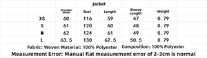 Detailed size chart for retro loose lapel wool jacket with measurements in centimeters