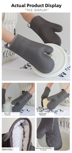 Close-up of heat-resistant silicone glove with non-slip texture and thick cotton lining