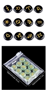 Detailed view of 12 zodiac crystals in black and green stones with gold symbols and bag size